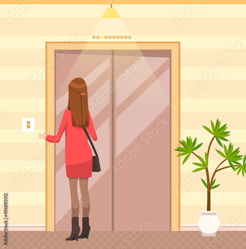 Lady waiting for elevator with iron doors. Female passengers standing next to door of lift in hotel. Metal lift for transporting people between floors of building. Girl presses elevator call button