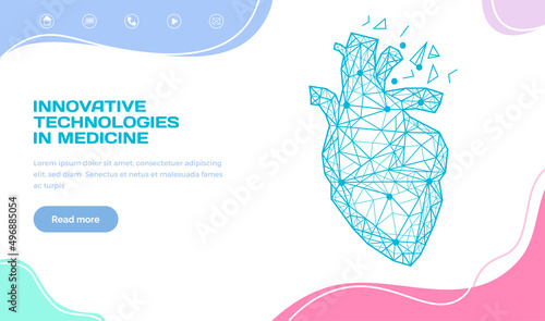 Research of human body, innovative technologies in medicine concept. Anatomy, diagnostics of organ systems. Anatomical heart modern 3D volumetric image for website. Template of medical web page