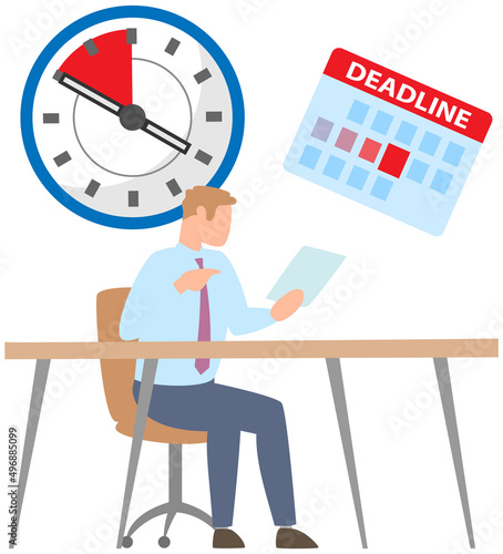 Man delays work deadline concept. Planning, punctuality, time management. Male character looking at document, does not have time to decide in time. Punctual businessman be late, hourly work
