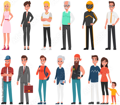 Representatives of professions, people in different working positions set. Men and women in casual and work clothes. Cartoon characters of different ages and jobs, workers isolated on white background