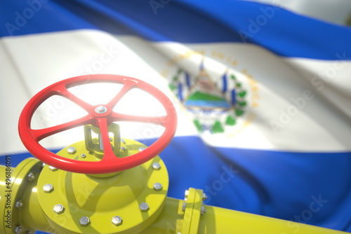 Gas or oil pipe valve and flag of El Salvador. Conceptual 3d rendering