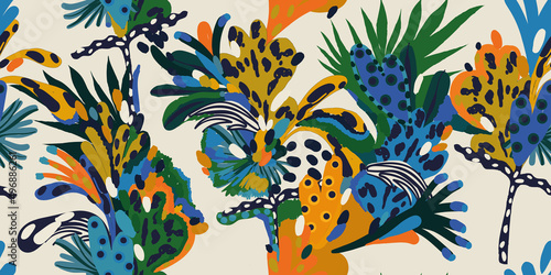 Modern abstract exotic plants pattern. Collage contemporary seamless pattern. Hand drawn ethnic style pattern.