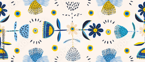 Ukrainian national style ornament abstract floral pattern. Collage contemporary hand drawn print.