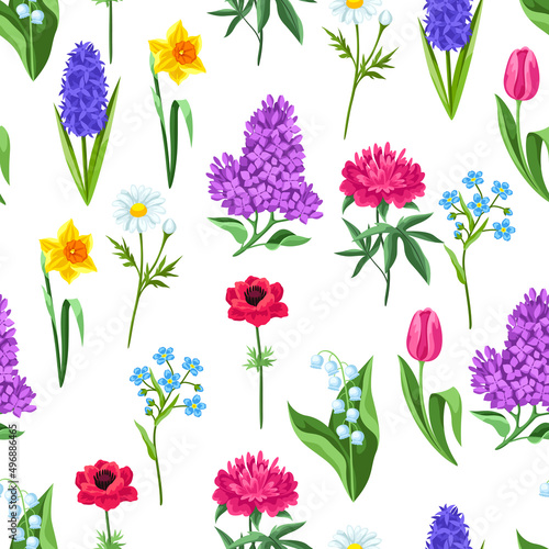 Seamless pattern with spring flowers. Beautiful decorative bouquet of blooming plants. © incomible