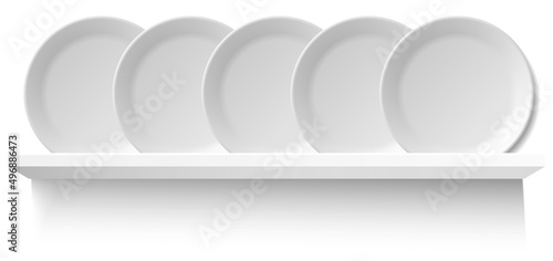 Round white plates on wooden shelf for utensil. Kitchen stuff for cooking and serving food, breakfast, lunch and dinner. Vector illustration in flat style, shelving concept on white background