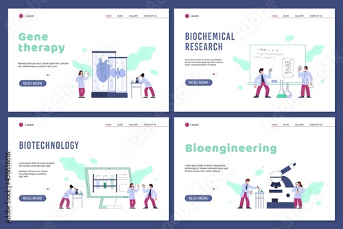 Biochemical and genetic research web banners bundle flat vector illustration.