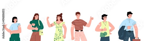 Young people stand with bandage on their arms after getting vaccine shot against flu or COVID virus. Immunization vaccination vector border banner.