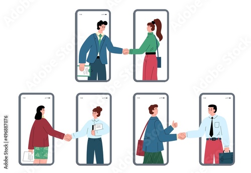 Partnership and teamwork relationship via Internet and online mobile apps. Hand shake agreement vector illustration.