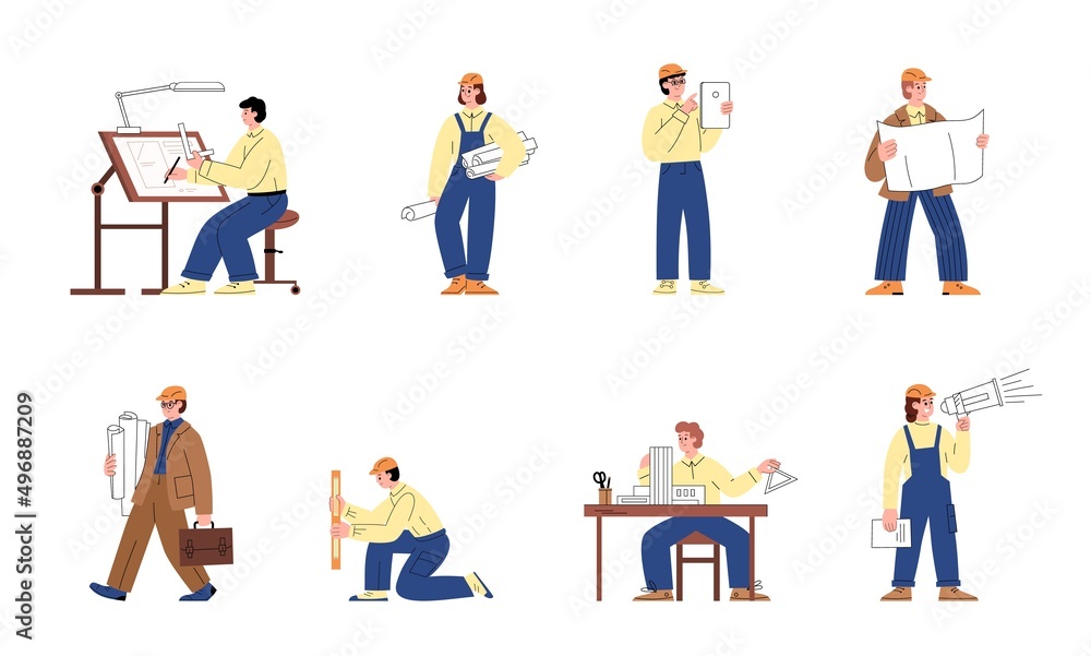 Architect and builder working process, set of cartoon flat vector characters isolated on white background.