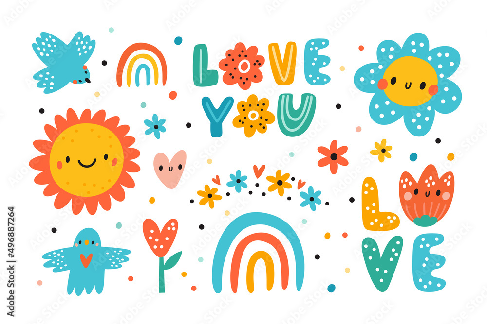 Cute lovely set with sun, birds, heart, rainbow and flowers. Summer collection. Love hand drawn lettering. Design elements with kind sticker characters for kids. Cartoon vector illustration isolated Cute lovely set with sun, birds, heart, rainbow and flowers. Summer collection. Love hand drawn lettering. Design elements with kind sticker characters for kids. Cartoon vector illustration isolated