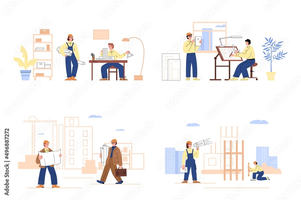 Process of building construction from draft to builders work, flat vector illustration isolated on white.