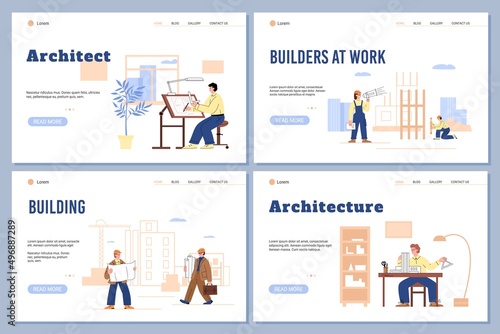 Architecture and building works web banner mockups, flat vector illustration.