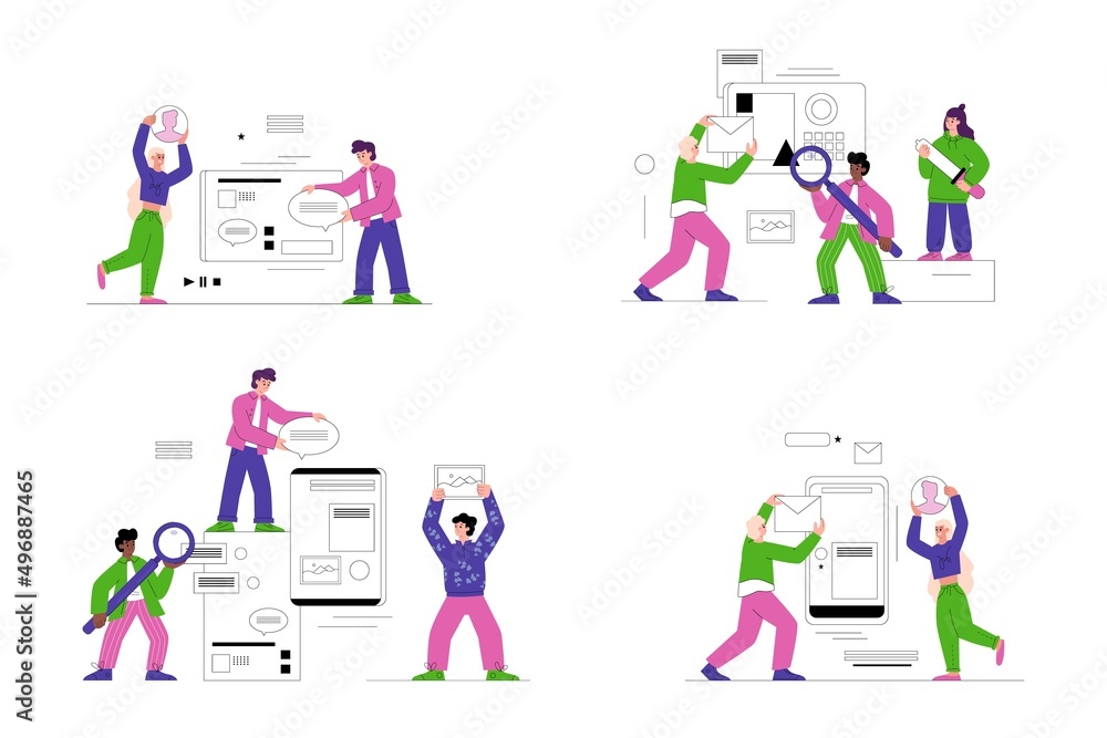 Ux design process, flat vector set. People characters working on a user experience on computer project.