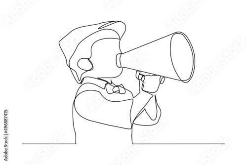 Continuous single one line art drawing of little boy kids scream and holding megaphone vector illustration