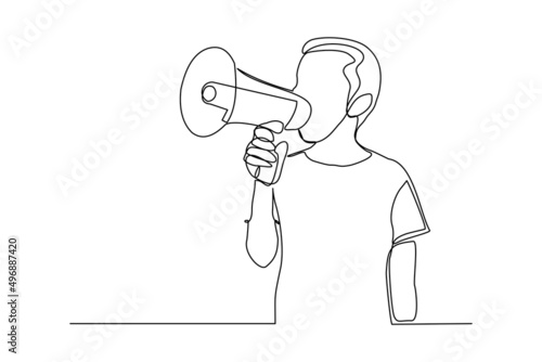 Continuous single one line art drawing of little boy kids scream and holding megaphone vector illustration