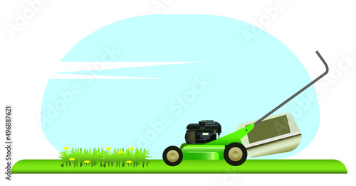 gasoline, petrol powered motorized lawn mower, vector illustration