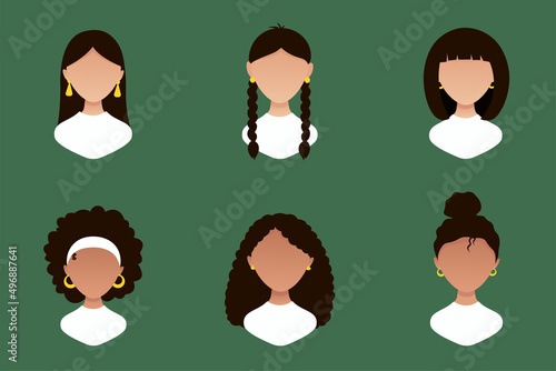 Avatars of brunettes with different hairstyles. Girl with different hair. Portrait. Isolated illustration in modern cartoon style for graphic design and animation pack