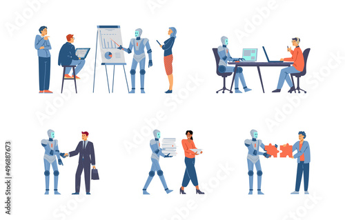 Robot works in the office together with people, flat vector illustration isolated on white background.