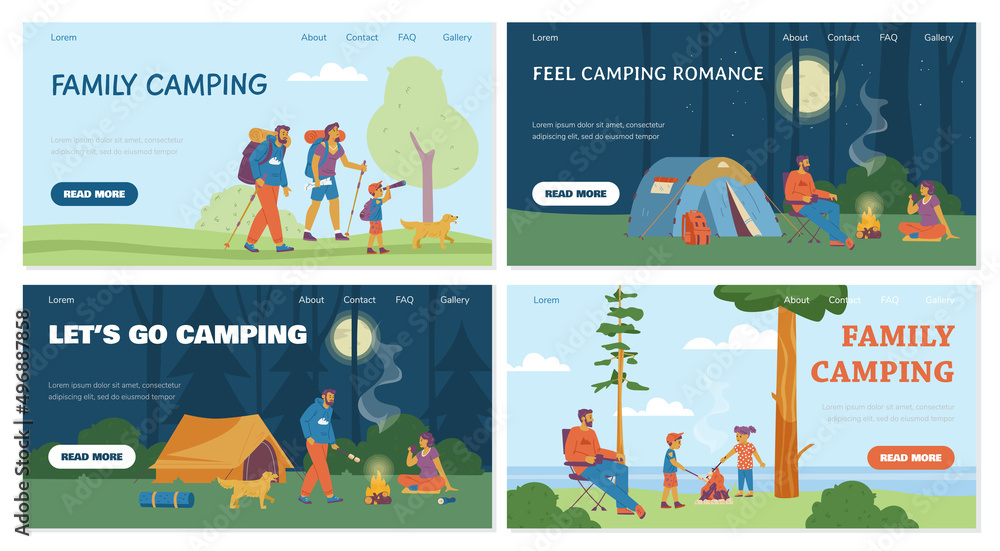 Camping activity banners set for web, flat cartoon vector illustration.