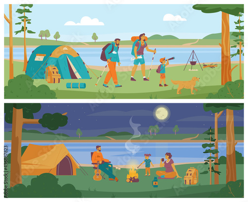 Family camping summer vacation banners or flyers set, flat vector illustration.