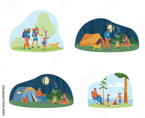 Camping summer vacation banners or scenes, flat vector illustration isolated.