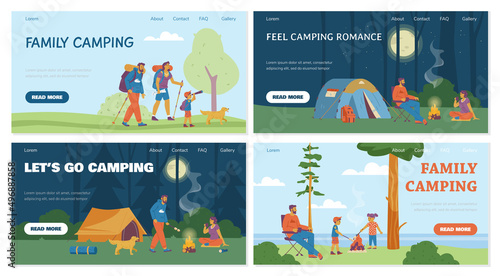 Camping activity banners set for web, flat cartoon vector illustration.