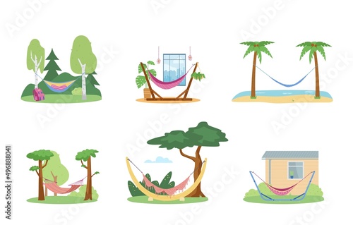 Hammock at the beach palm tree and hammock at home, flat vector illustration. Set of different swing net bed.