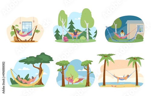 People relax and work in hammock, flat vector set. Person sway in hammock at home, on the beach, at countryside.