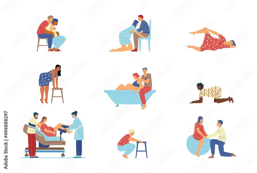 Childbirth positions of women during labor, flat vector illustration isolated.