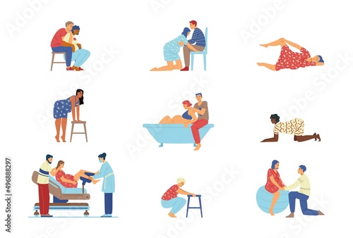 Childbirth positions of women during labor, flat vector illustration isolated.