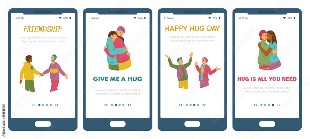 Onboarding pages kit for Friendship and Hug day, flat vector illustration.