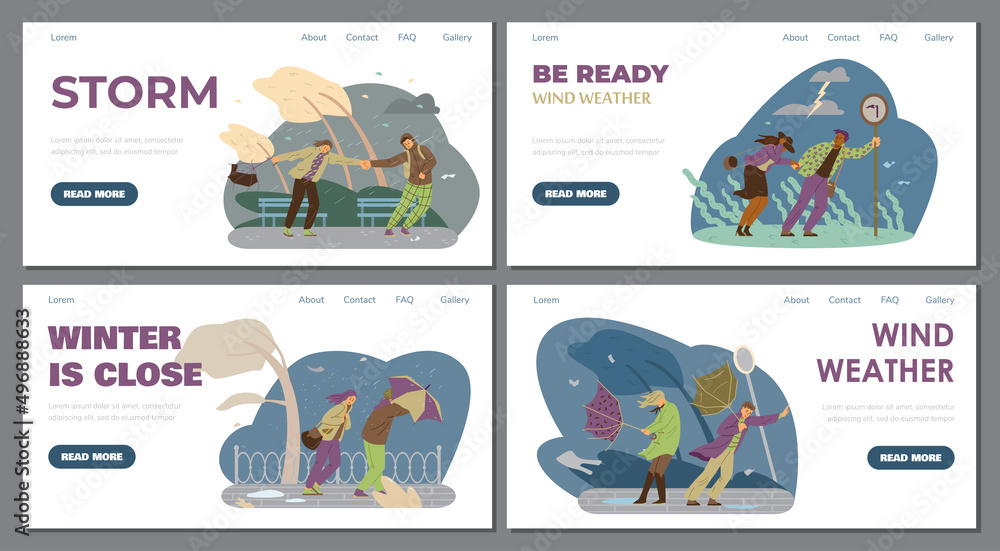 People and wind weather vector banner. Windy hurricane or storm at the park and on the street, website landing page.