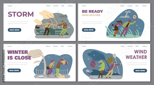 People and wind weather vector banner. Windy hurricane or storm at the park and on the street, website landing page.