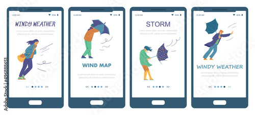 Weather forecast onboarding screens, people with broken umbrellas during wind storm, flat vector illustration.