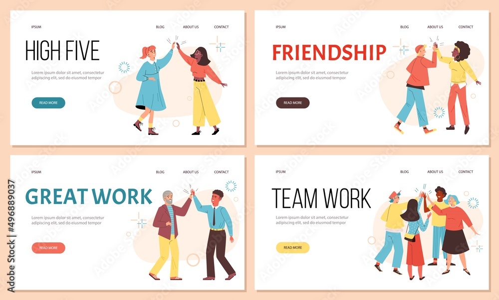 Fototapeta premium Friends and colleagues greeting each other, landing page template - flat vector illustration.