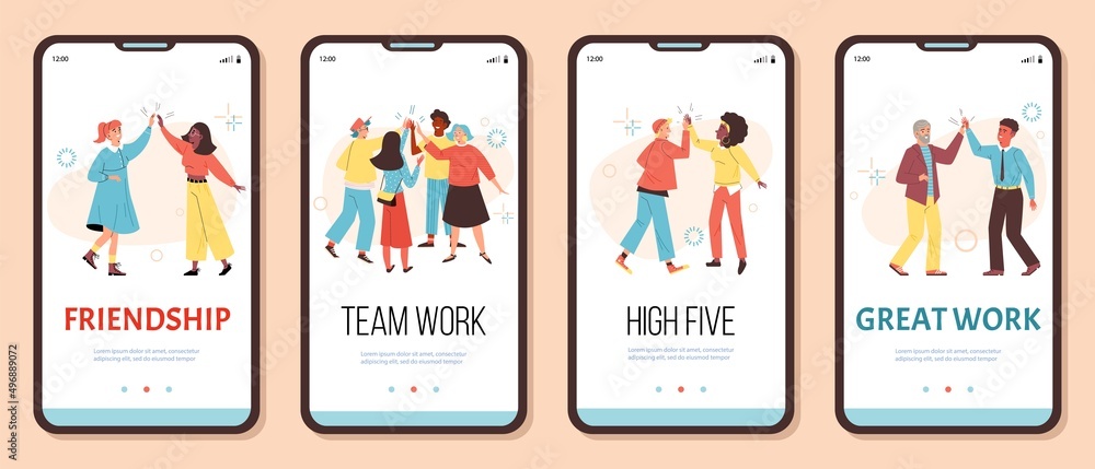 People greet each other with high five, friends and colleagues - onboarding screens template flat vector illustration.
