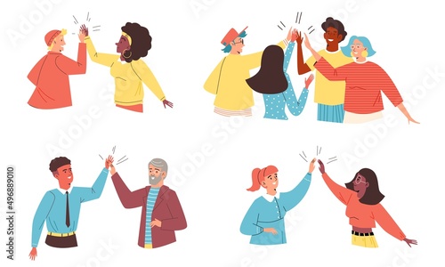 Diverse people high five cheerfully, flat vector illustration isolated on white background.