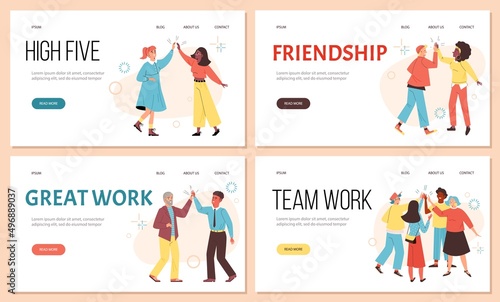 Friends and colleagues greeting each other, landing page template - flat vector illustration.