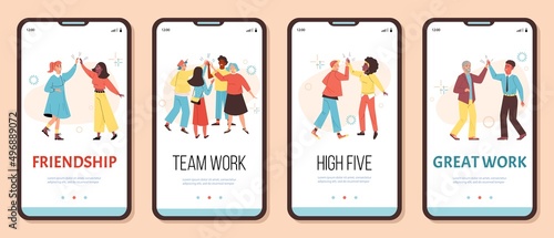 People greet each other with high five, friends and colleagues - onboarding screens template flat vector illustration.