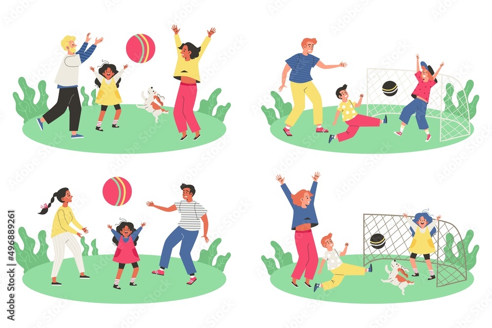 Fototapeta premium Active families with children playing outdoors, vector illustration isolated.