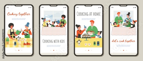 Cheerful family cooking together with kids at home - onboarding screens set. flat vector illustration.