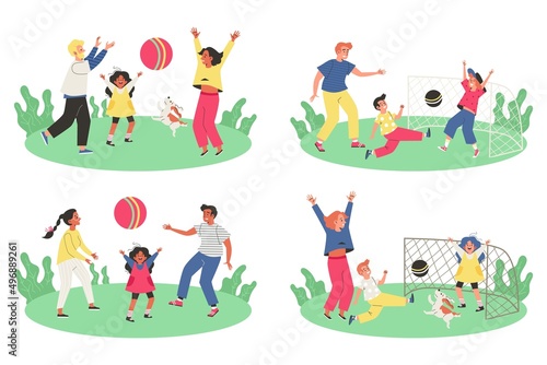 Active families with children playing outdoors, vector illustration isolated.
