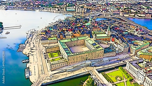 Stockholm, Sweden. Royal Palace. Bright cartoon style illustration. Aerial view photo