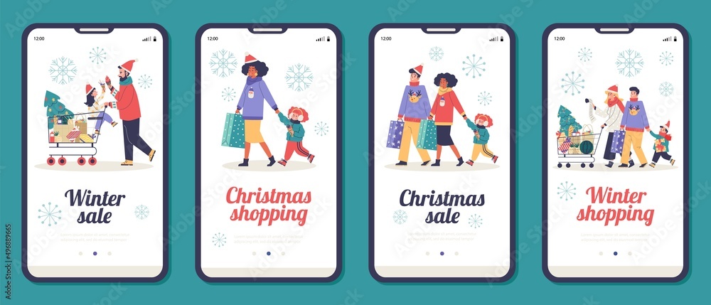 Christmas shopping onboarding screens set, flat cartoon vector illustration. Christmas shopping onboarding screens set, flat cartoon vector illustration.
