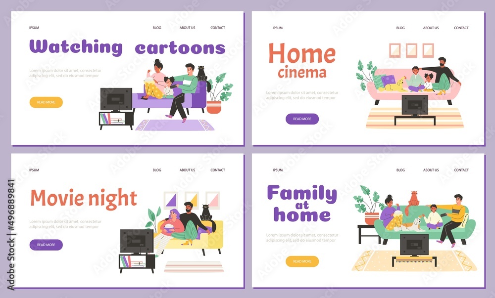 Family watch TV together in living room, landing page templates - flat vector illustration.