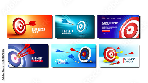 Business Target Achievement Set Posters Vector. Arrow Hitting At Center Of Dartboard Bullseye, Success Business Achieve And False Mistake. Businessman Challenge Template Realistic 3d Illustrations