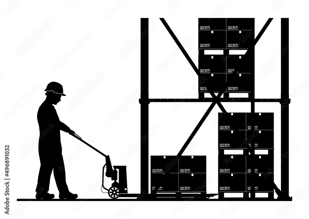 Silhouette of manual pallet jack with operator and load. Side view