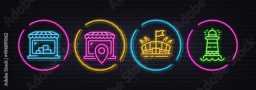 Market location, Market and Arena minimal line icons. Neon laser 3d lights. Lighthouse icons. For web, application, printing. Shop, Store, Sport stadium. Searchlight tower. Neon lights buttons. Vector