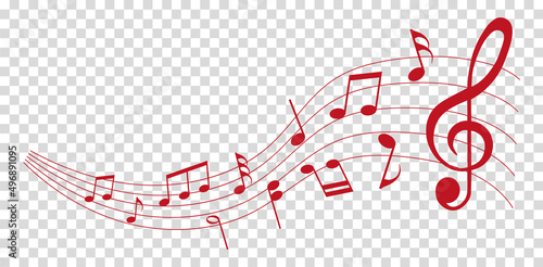 red colored  vector sheet music - musical notes melody on transparent background	