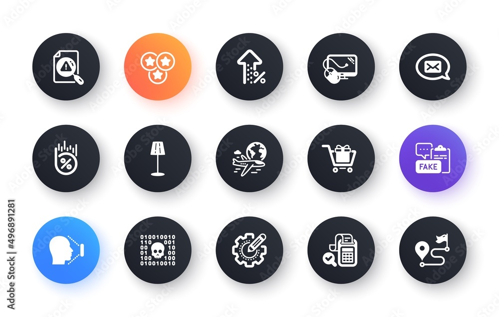 Minimal set of Computer mouse, Settings gear and Messenger flat icons for web development. Stars, Bill accounting, Floor lamp icons. Face id, International flight, Binary code web elements. Vector